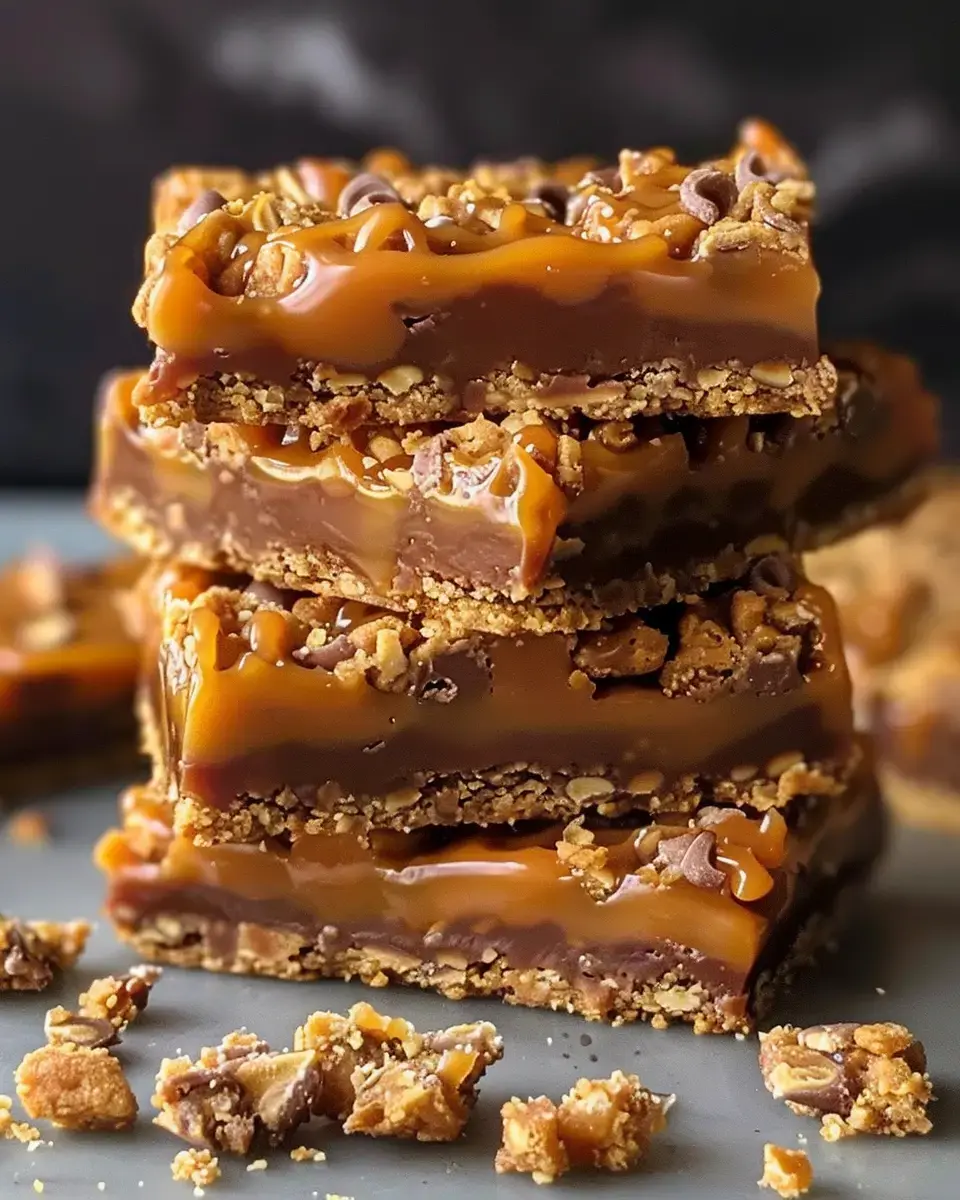 A stack of layered dessert bars featuring caramel and chocolate, garnished with crushed nuts, set against a dark background.