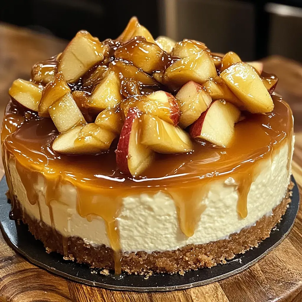 A cheesecake topped with caramel sauce and sliced apples rests on a wooden board.