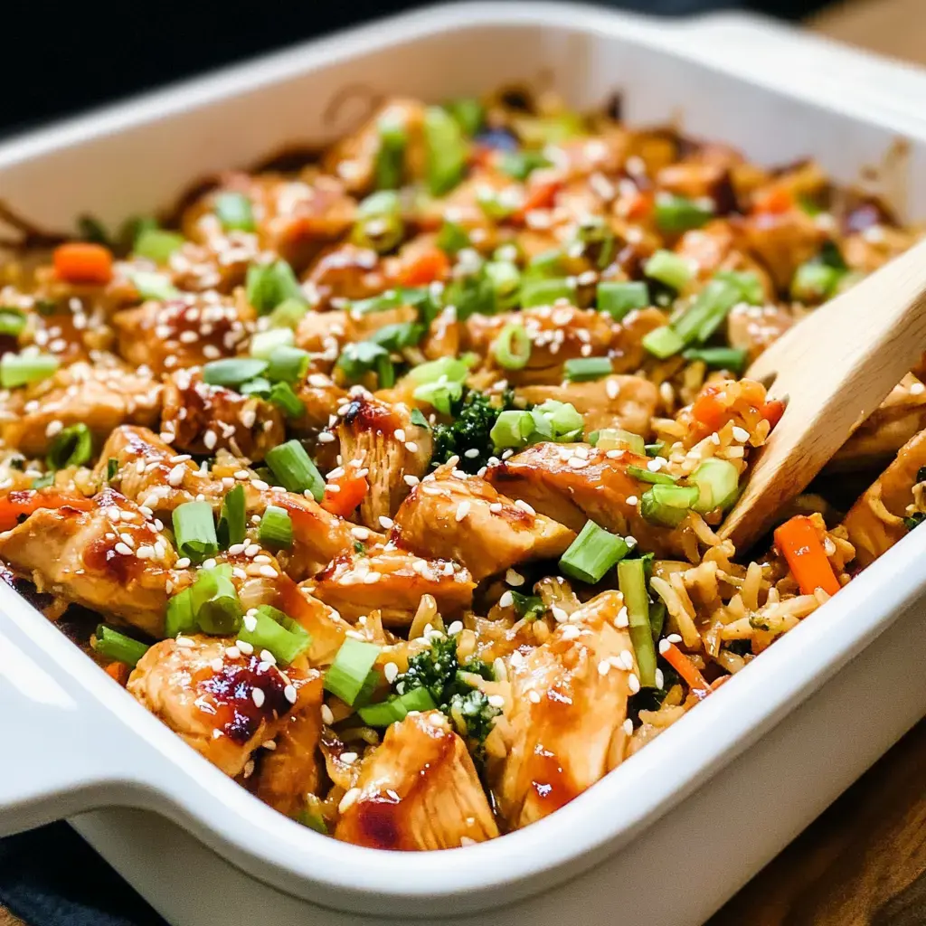 A white baking dish filled with chicken, broccoli, carrots, and rice, garnished with sesame seeds and green onions.