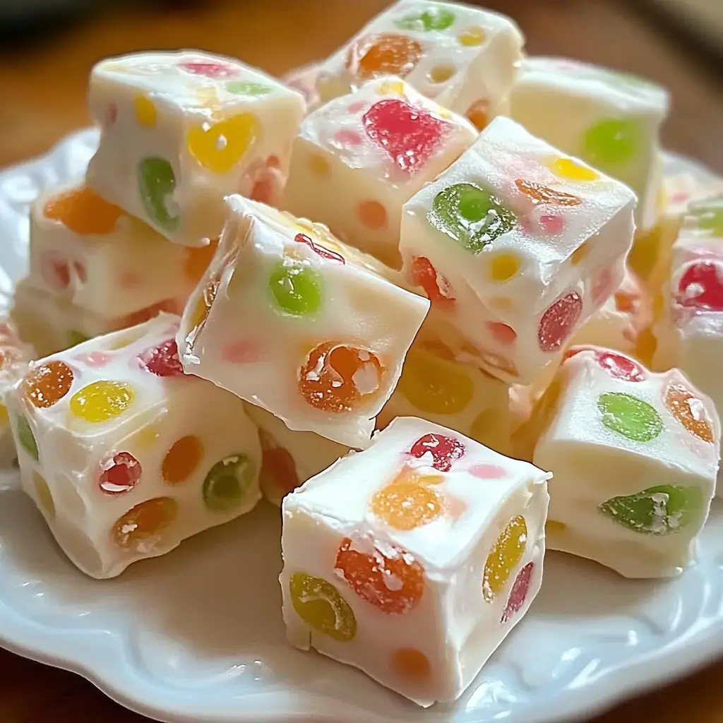 A plate of colorful, cube-shaped candy with jelly fruit pieces embedded inside.