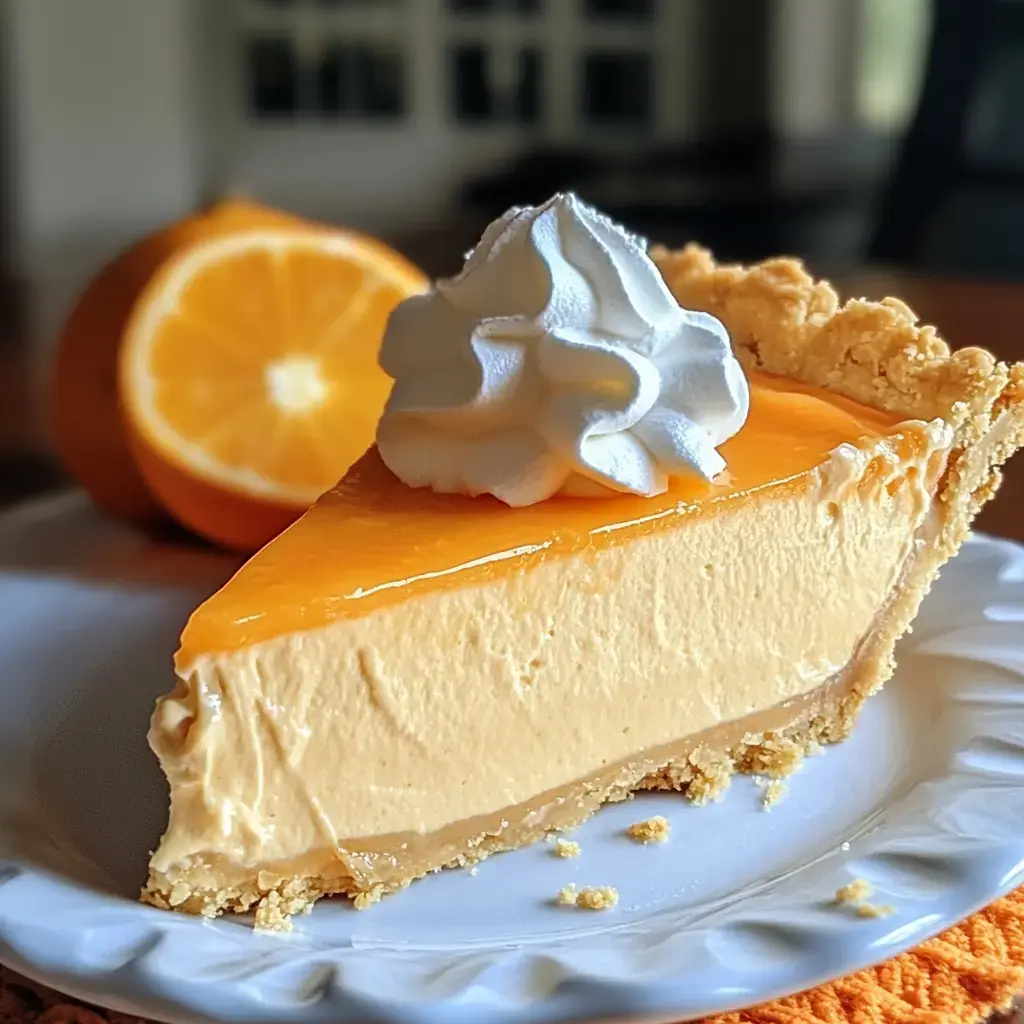 A slice of creamy orange pie topped with whipped cream, accompanied by a halved orange in the background.