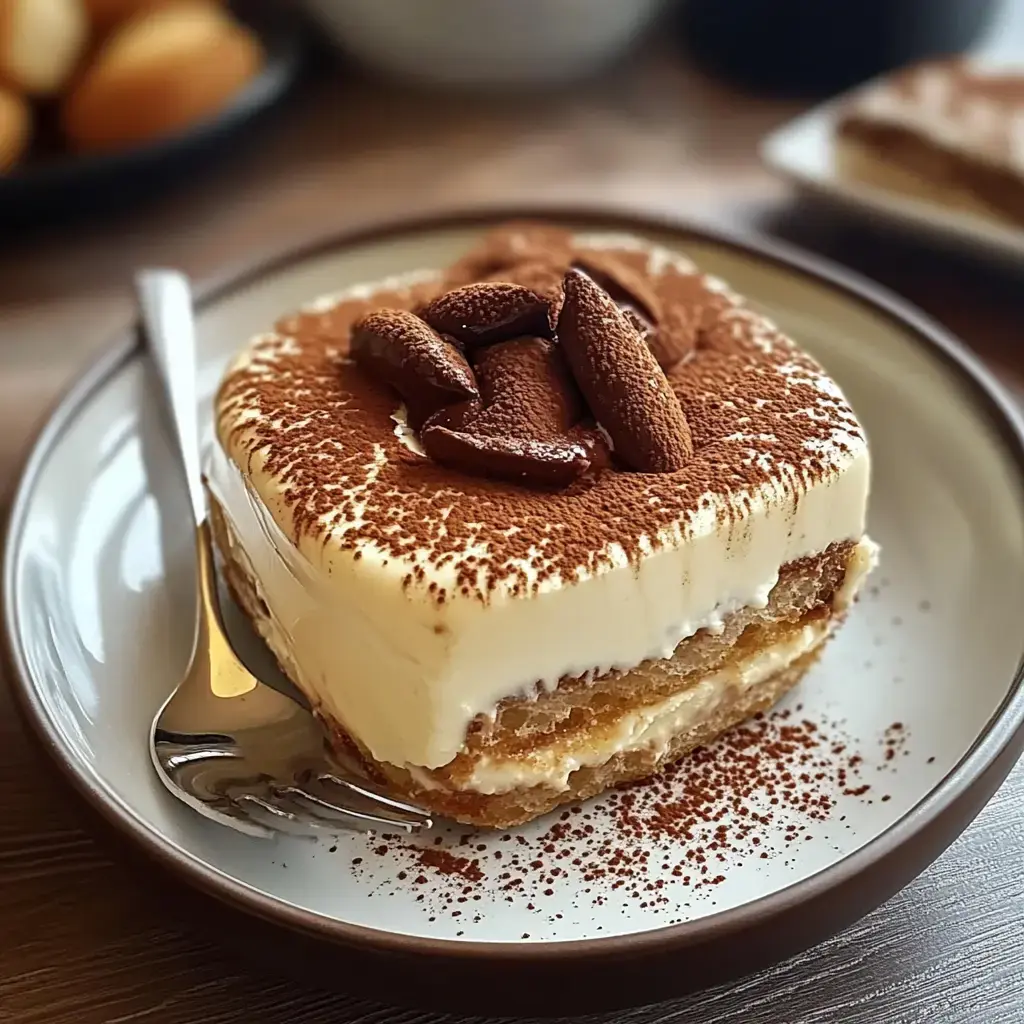 A slice of tiramisu topped with cocoa powder and chocolate treats, served on a plate with a fork.