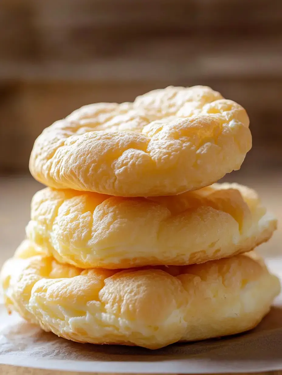 A stack of three fluffy, golden-brown cheesecakes on a plate.