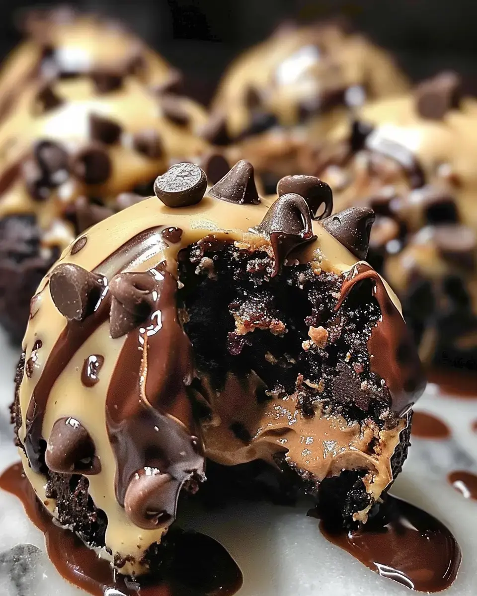 A close-up of a bite taken from a chocolate dessert topped with peanut butter drizzle and chocolate chips, revealing a rich, gooey filling.