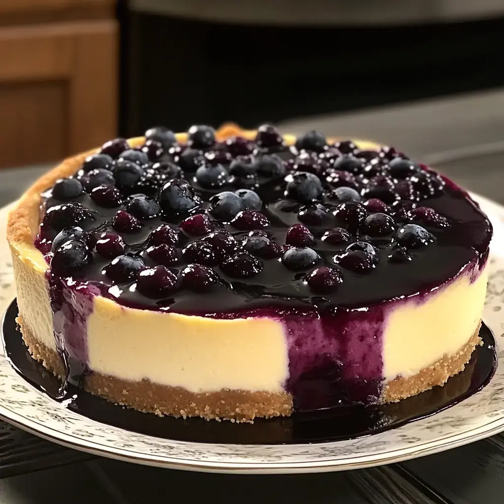 A rich cheesecake topped with a layer of blueberry sauce and fresh blueberries on a decorative plate.