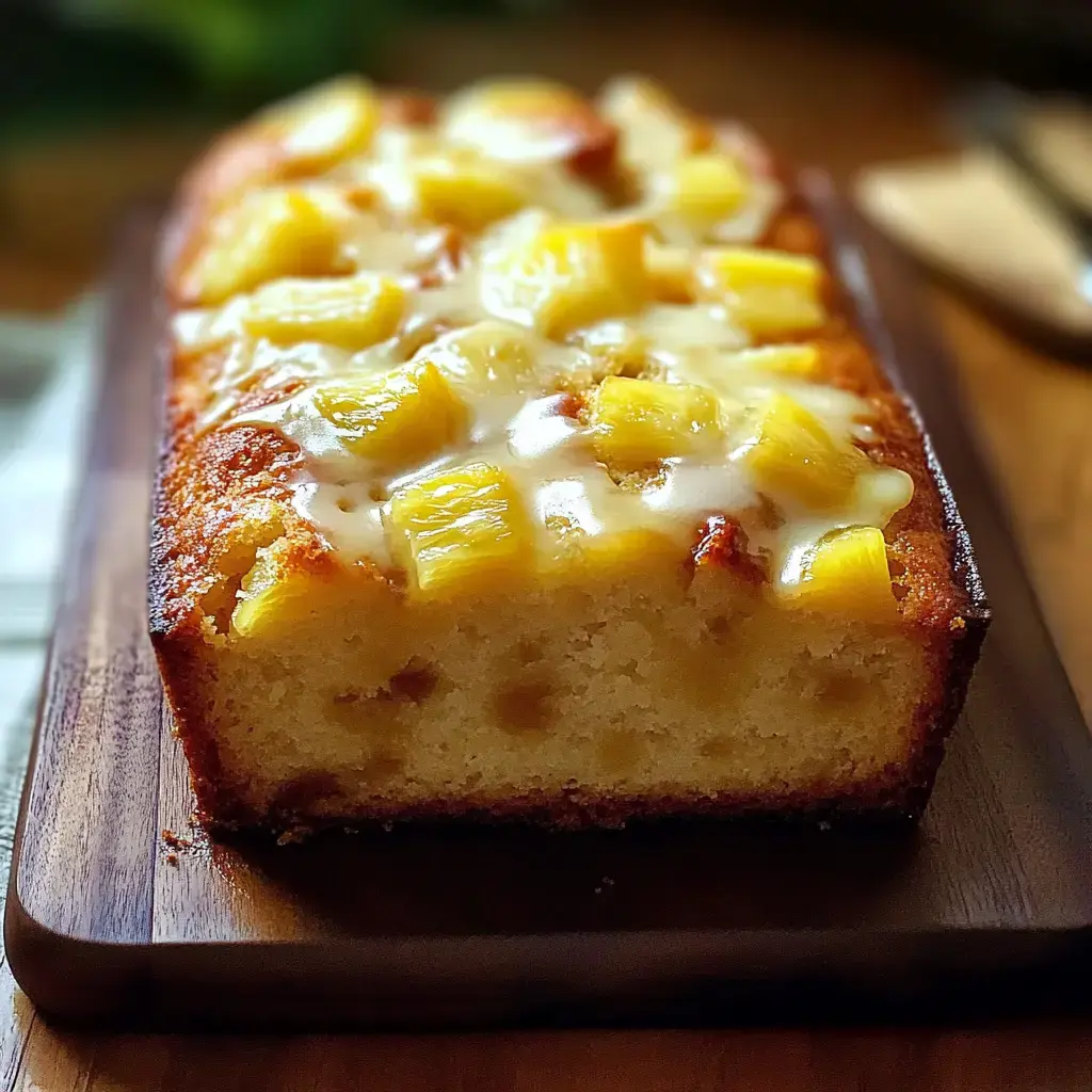 A moist cake topped with pineapple chunks and a glossy icing, presented on a wooden board.