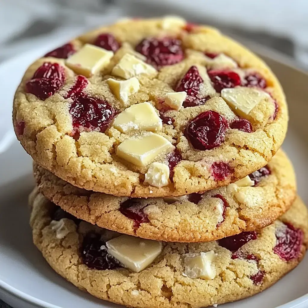 A stack of three large cookies with chunks of white chocolate and scattered red berries on a white plate.