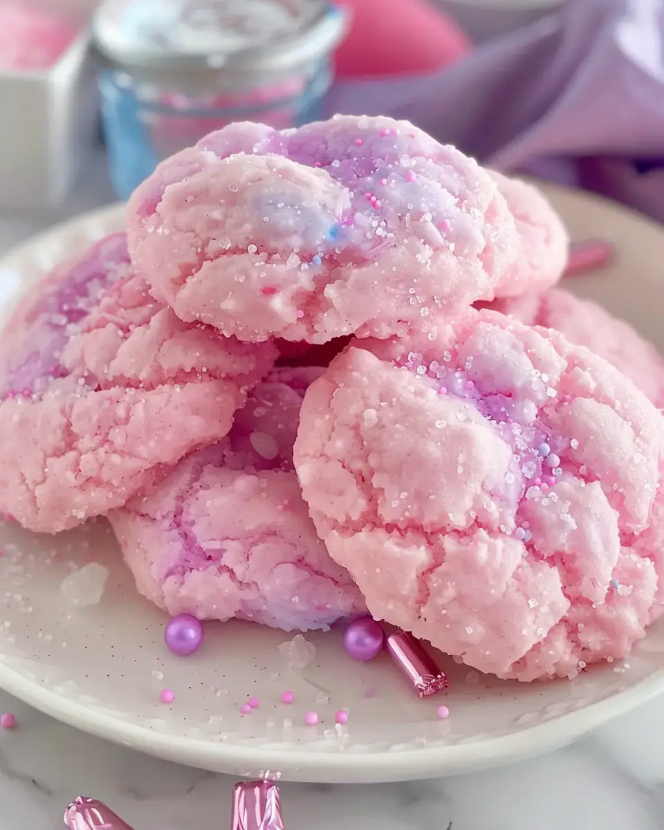 A close-up of pink and purple cookies sprinkled with colorful sugar and surrounded by small decorations on a white plate.