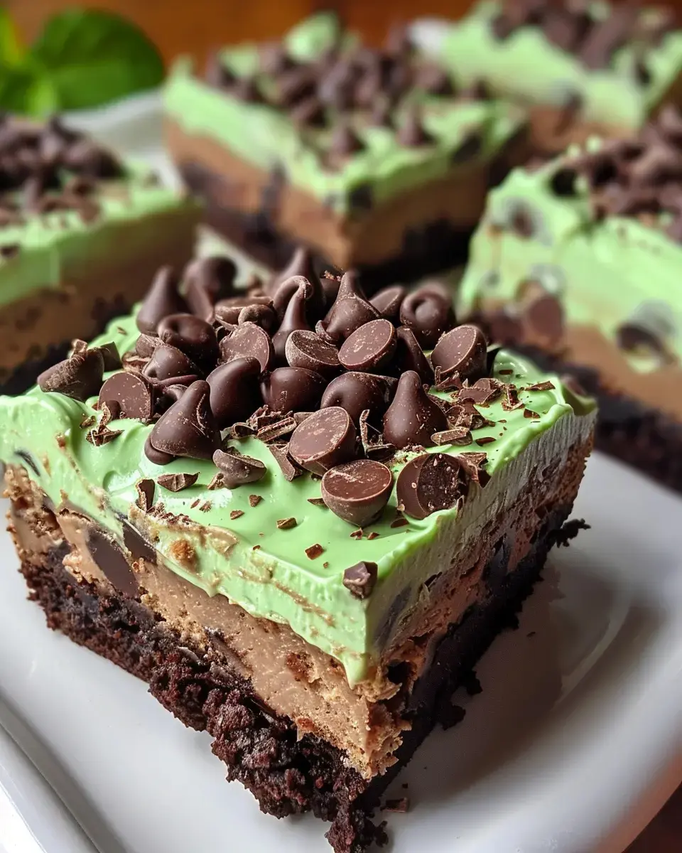 A close-up of a layered dessert featuring a chocolate brownie base, with mint green frosting topped with chocolate chips and shaved chocolate.