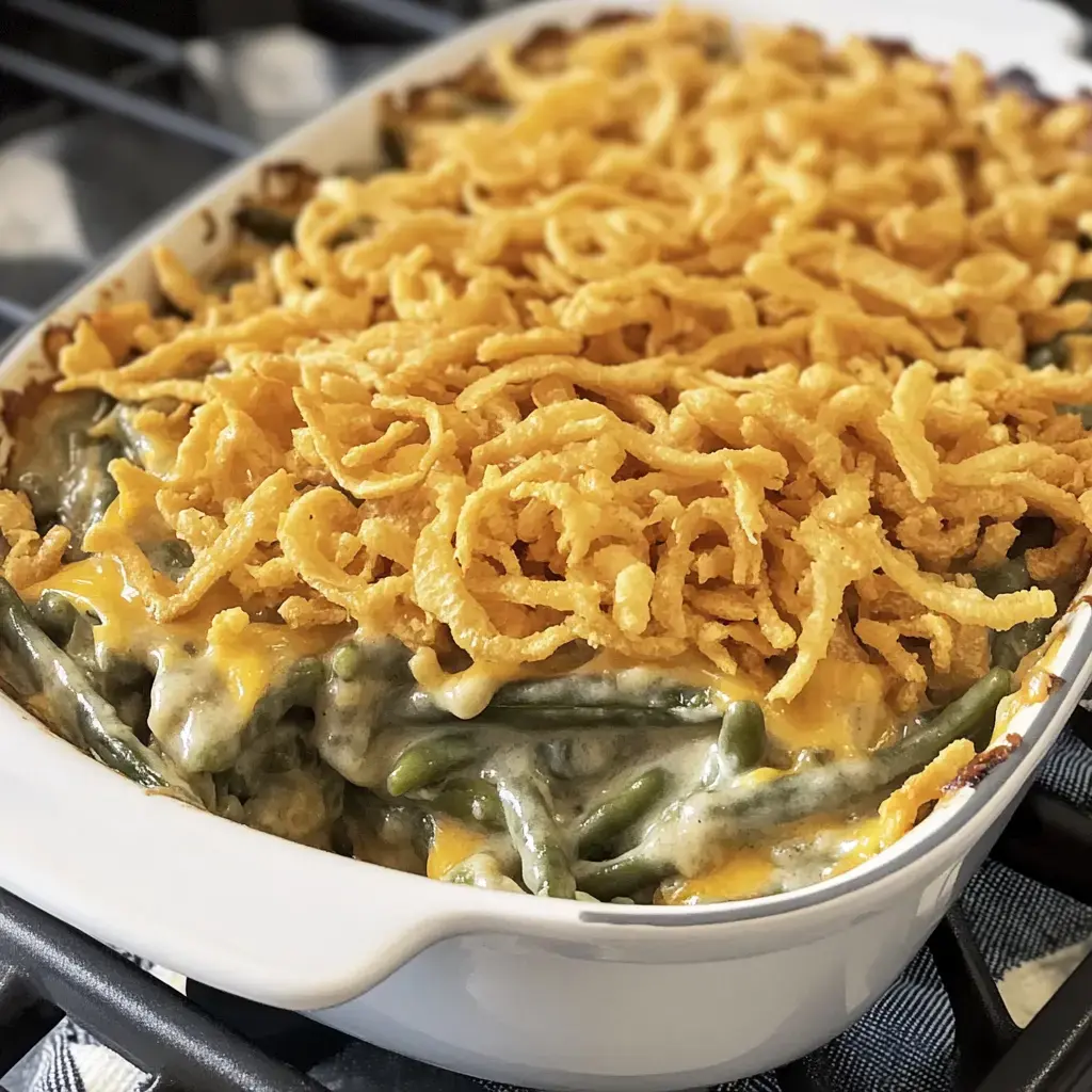 A creamy green bean casserole topped with crispy fried onions in a white baking dish.