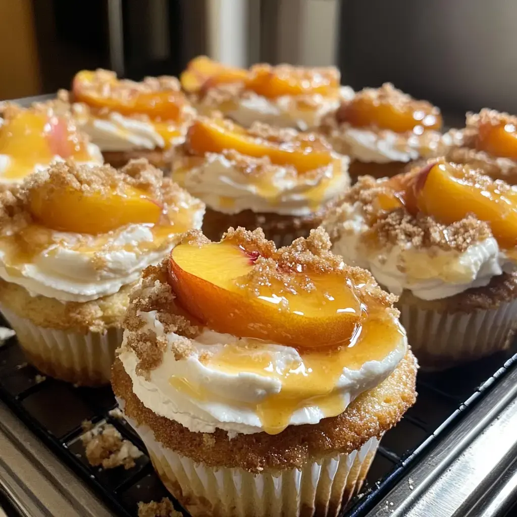 A close-up of freshly baked cupcakes topped with whipped cream, caramelized peach slices, and a sprinkle of brown sugar.