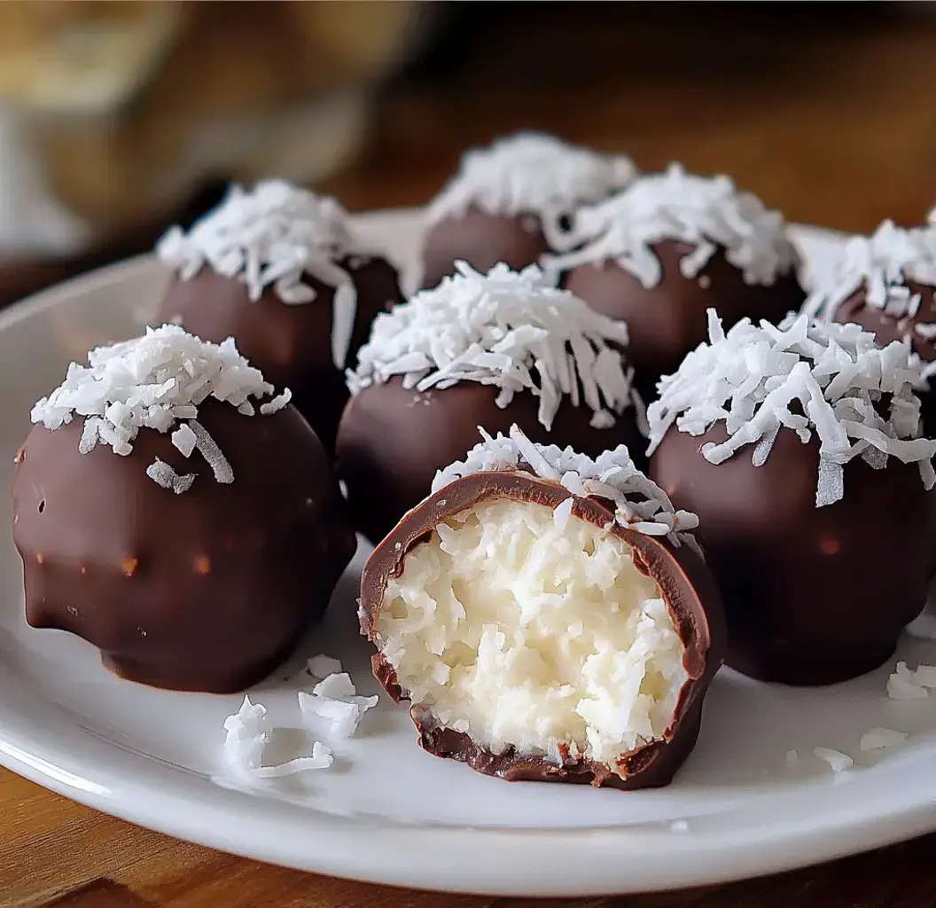 A white coconut-filled chocolate truffle, topped with shredded coconut, is shown with several other similar truffles on a plate.