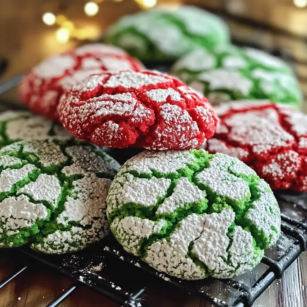 A close-up of colorful, crinkled cookies in red, green, and white, dusted with powdered sugar on a wire rack.