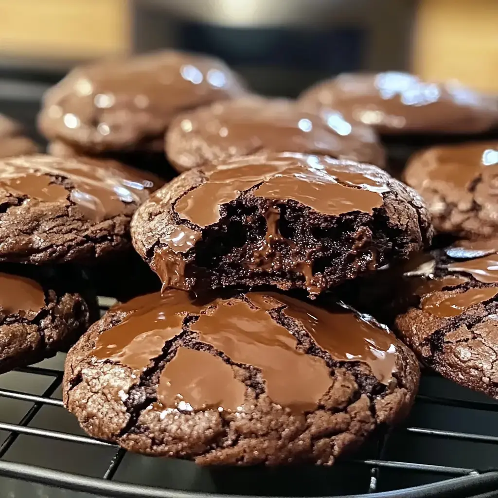 A close-up of chocolate cookies, some broken to reveal a gooey chocolate center, arranged on a wire cooling rack.