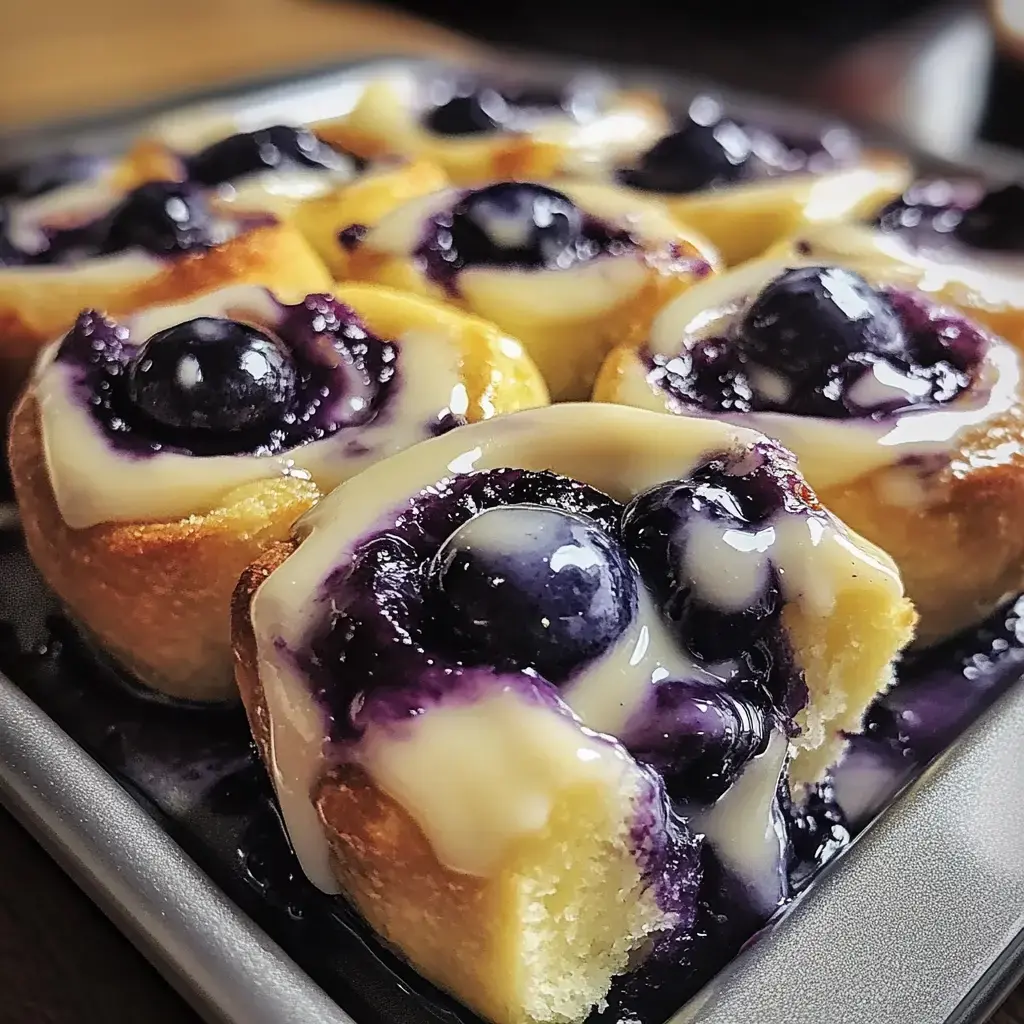 A close-up of freshly baked blueberry rolls topped with creamy icing and a glossy blueberry sauce.