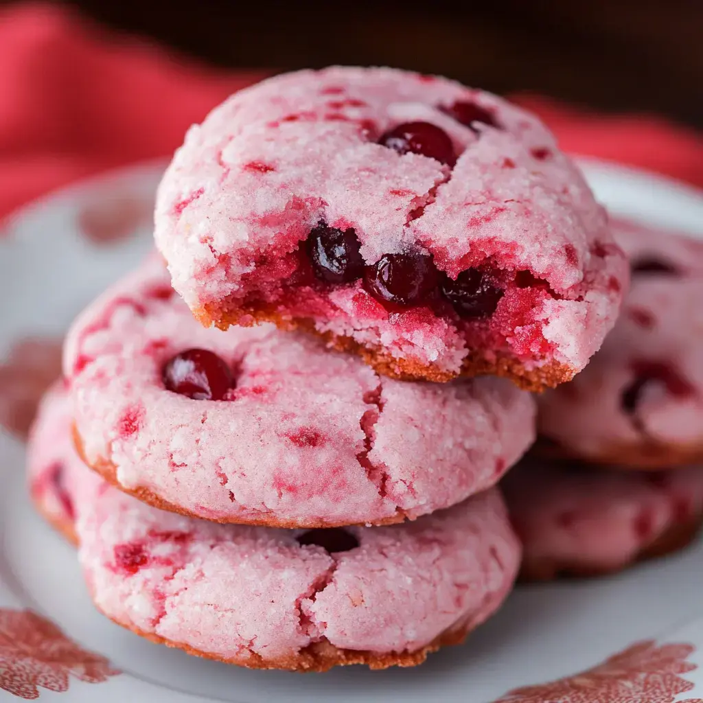 A stack of pink cookies with visible cranberry pieces, one cookie partially bitten into, on a decorative plate.