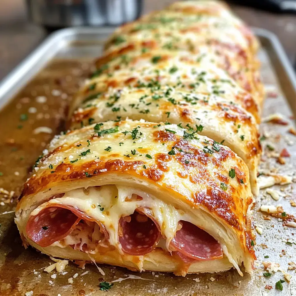 A deliciously baked, cheese-filled rolled pastry topped with melted cheese and parsley, revealing layers of pepperoni inside.