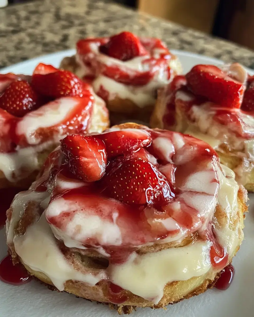 A close-up of four dessert cinnamon rolls topped with cream cheese frosting, strawberry sauce, and fresh strawberries on a white plate.