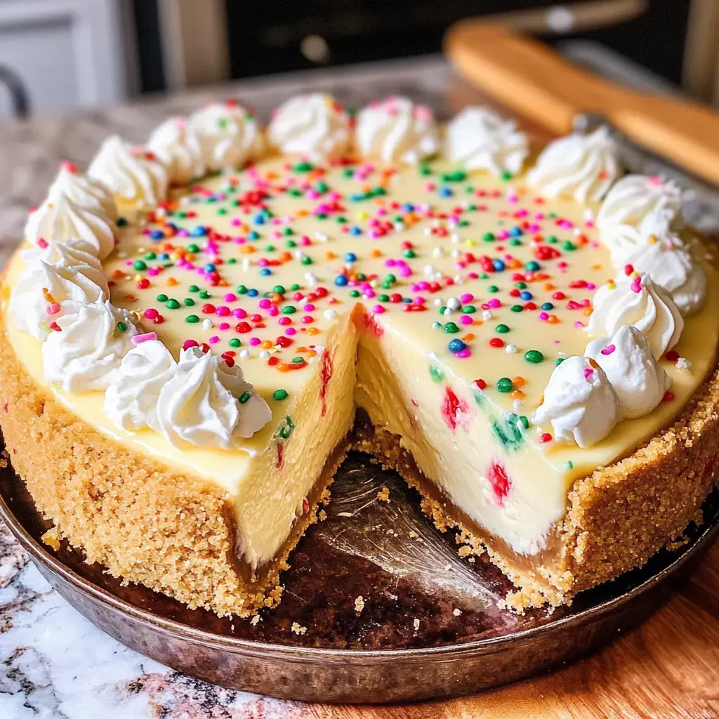 A colorful, creamy cheesecake with a graham cracker crust, topped with whipped cream and sprinkles, has a slice cut out.