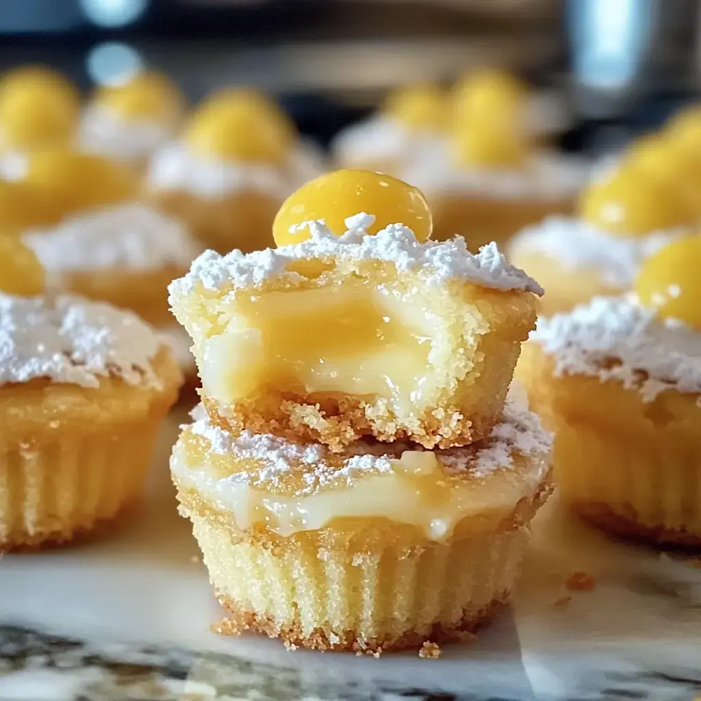 A close-up of lemon-filled cupcakes topped with powdered sugar and a yellow candy, showcasing one cupcake cut in half to reveal the creamy filling.