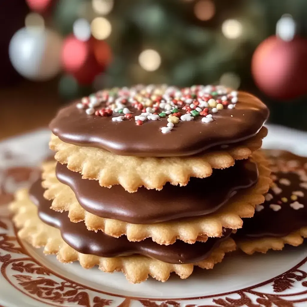 A stack of chocolate-covered cookies decorated with colorful sprinkles sits on a decorative plate against a blurred festive background.