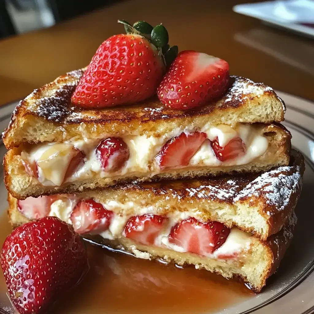 A stack of French toast filled with strawberries and cream, topped with powdered sugar and adorned with whole strawberries, sits on a plate.