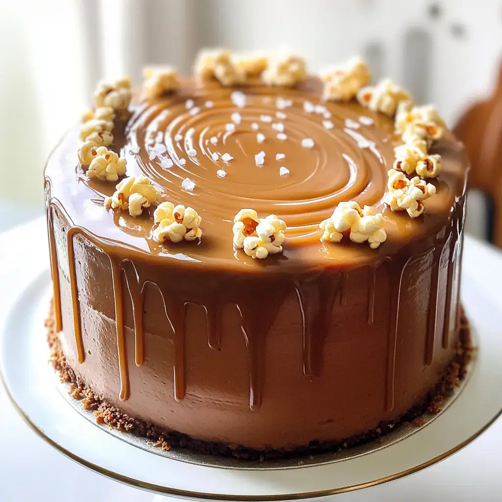 A round chocolate cake adorned with caramel drizzle and popcorn on top.