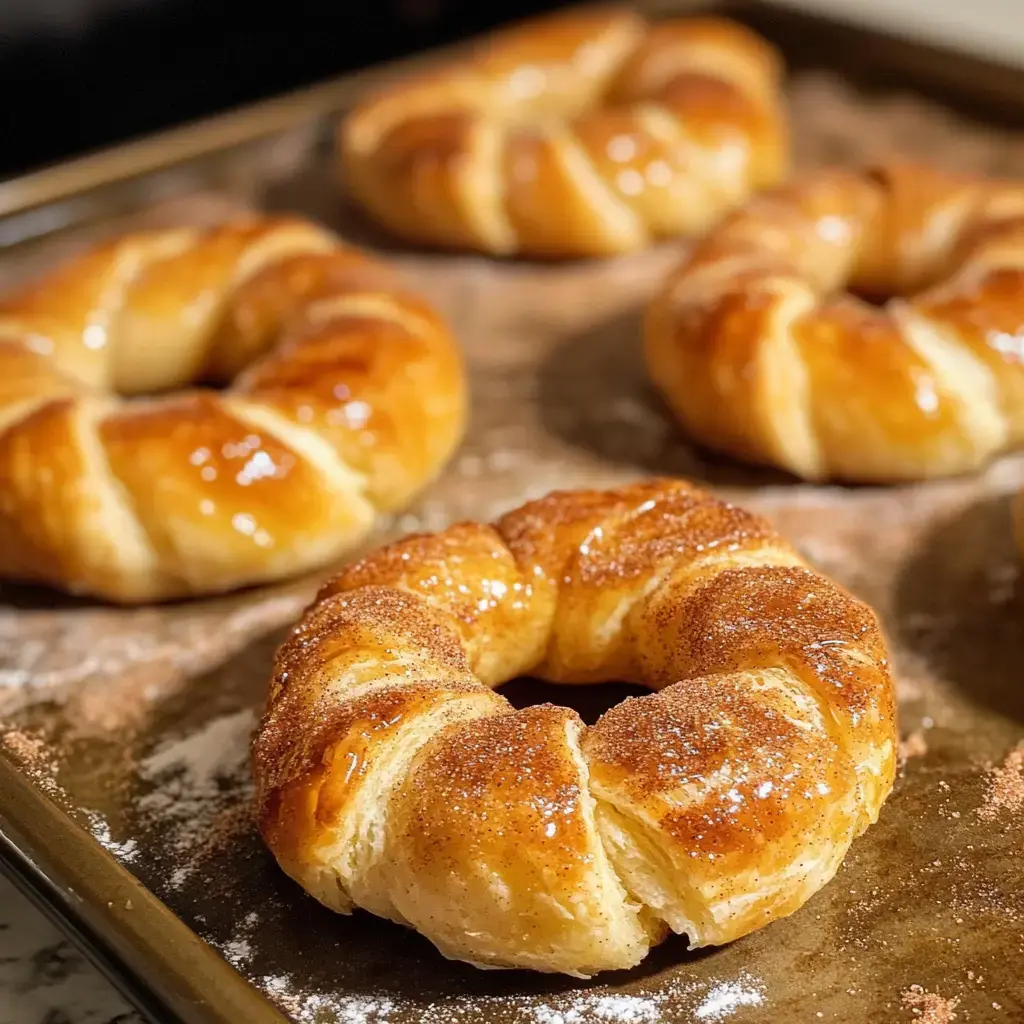 Freshly baked, glazed pastries shaped like rings are arranged on a baking tray.