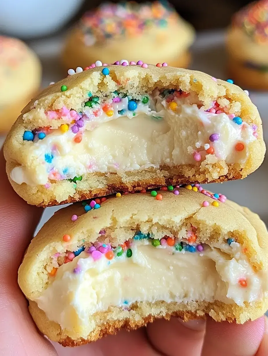 A hand holds two halves of a cookie revealing a creamy filling and colorful sprinkles inside.