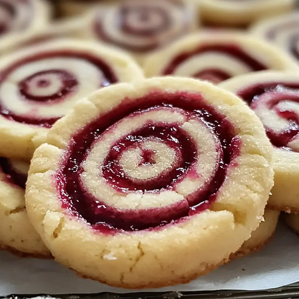 A close-up of spiral-shaped cookies with a bright jam filling in the center.