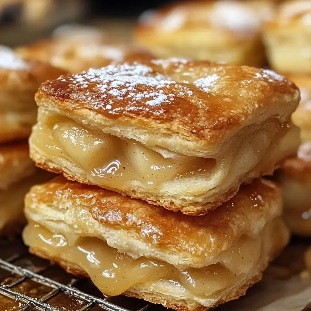 A stack of flaky pastry filled with shiny, golden apple filling, dusted with powdered sugar.