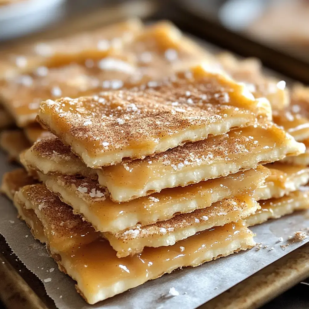 A stack of golden-brown, caramel-drizzled dessert squares, dusted with cinnamon and powdered sugar, arranged neatly on a baking sheet.