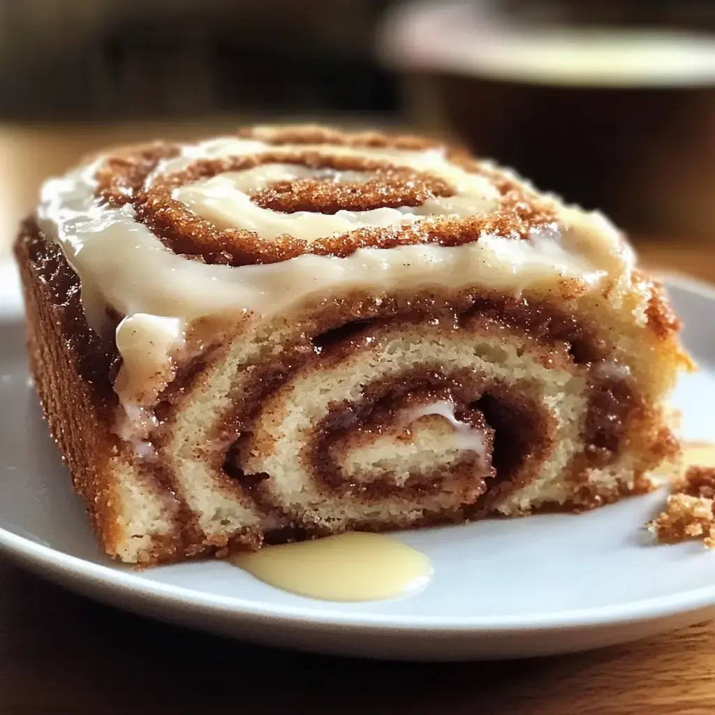 A slice of cinnamon roll cake drizzled with icing sits on a white plate, showcasing its swirled layers.