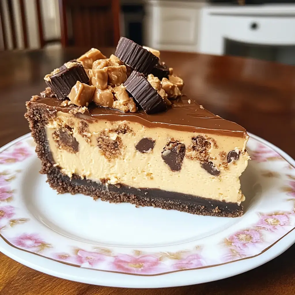 A slice of layered cheesecake topped with chocolate, crushed peanuts, and pieces of chocolate candy, served on a floral-patterned plate.