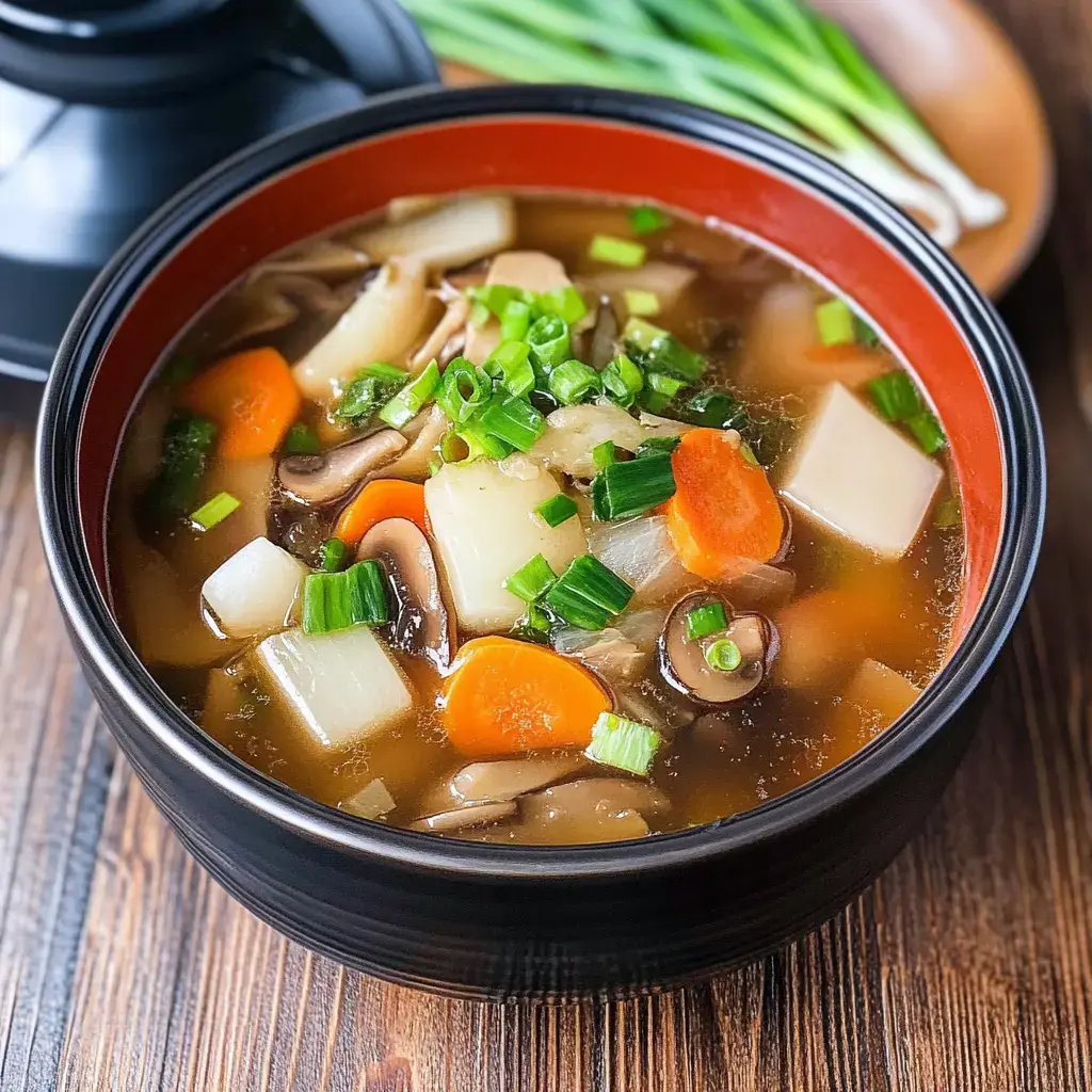 A bowl of vegetable soup featuring diced carrots, mushrooms, and green onions in a clear broth.