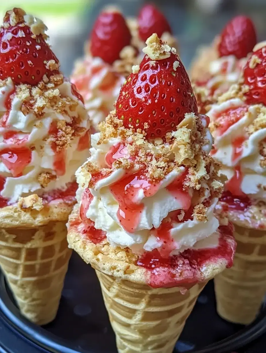 A close-up of ice cream cones topped with whipped cream, strawberries, and crushed nuts.