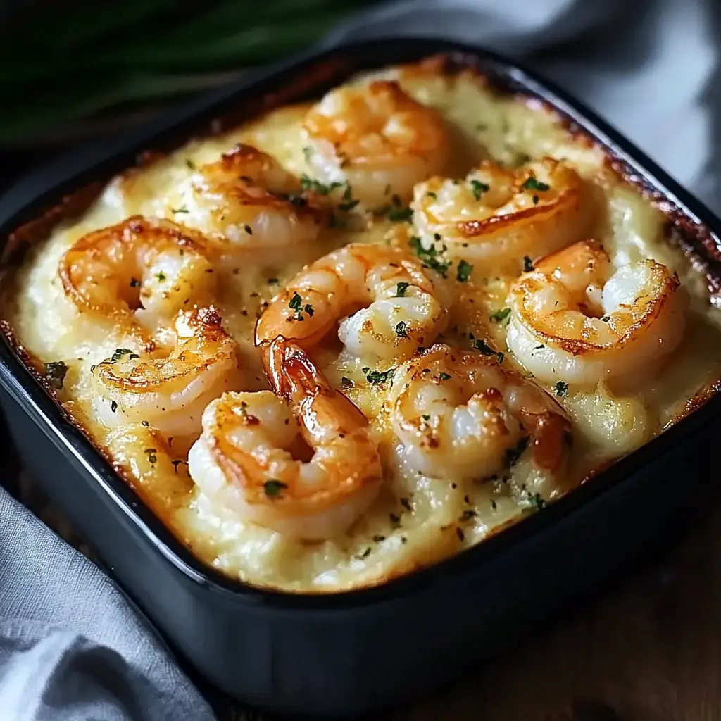 A baking dish filled with creamy seafood topped with golden-brown shrimp and garnished with parsley.