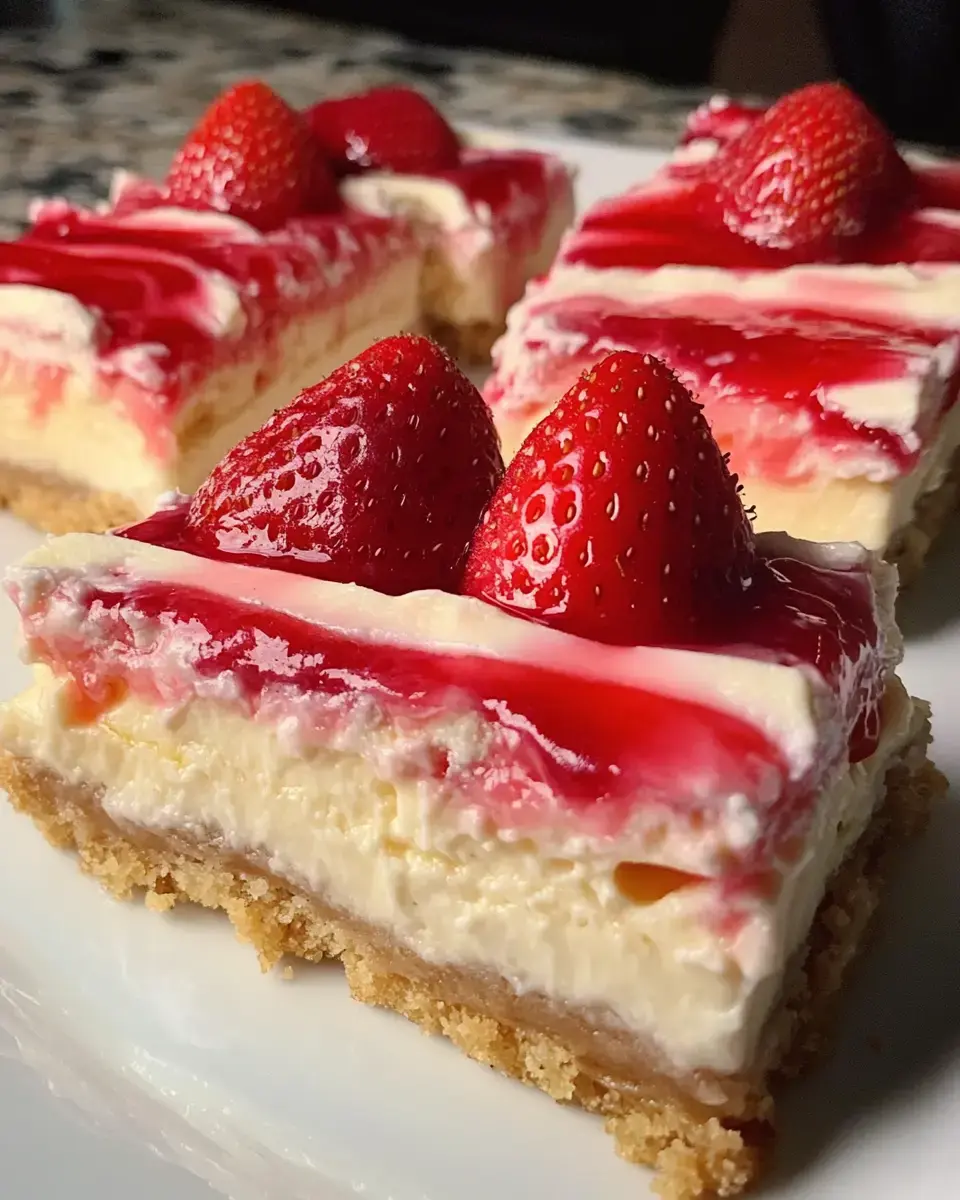 A close-up of a creamy dessert square topped with strawberries and a glossy red glaze on a graham cracker crust.