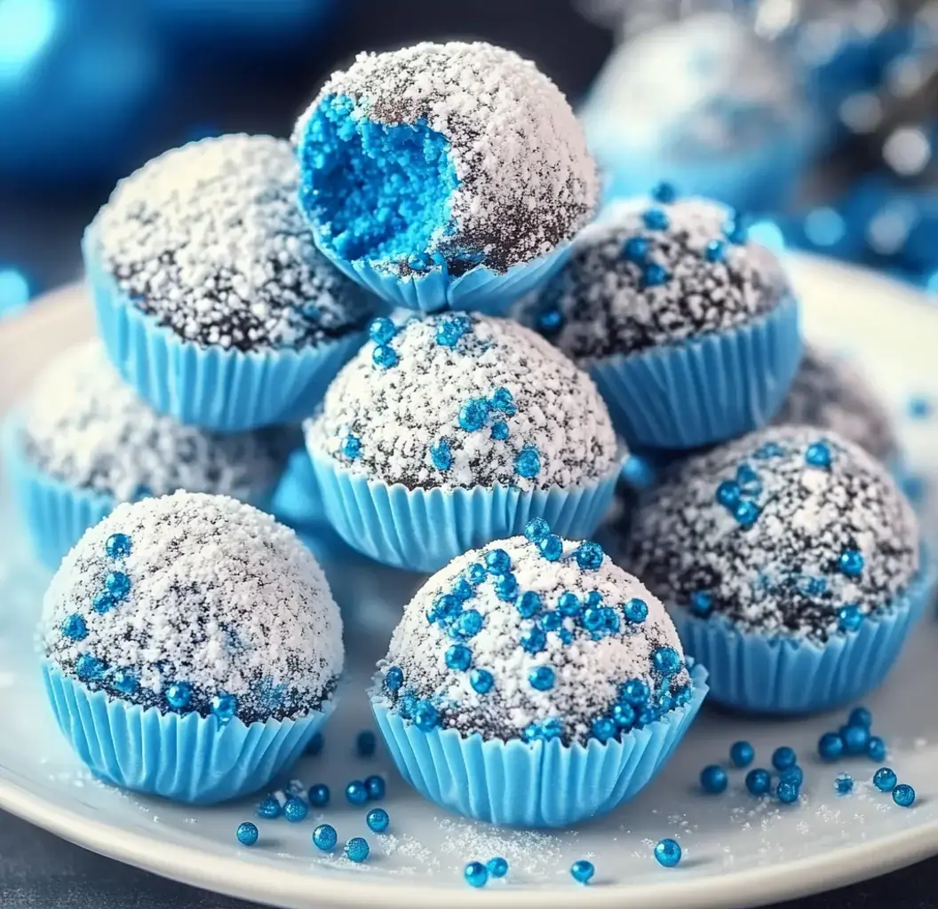 A platter of chocolate truffles dusted with powdered sugar and decorated with blue sprinkles, with one truffle showing a bright blue interior.