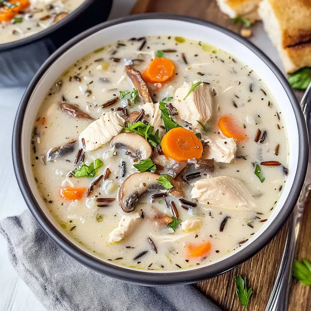 A bowl of creamy chicken and wild rice soup garnished with carrots, mushrooms, and parsley, served with a piece of toasted bread on the side.