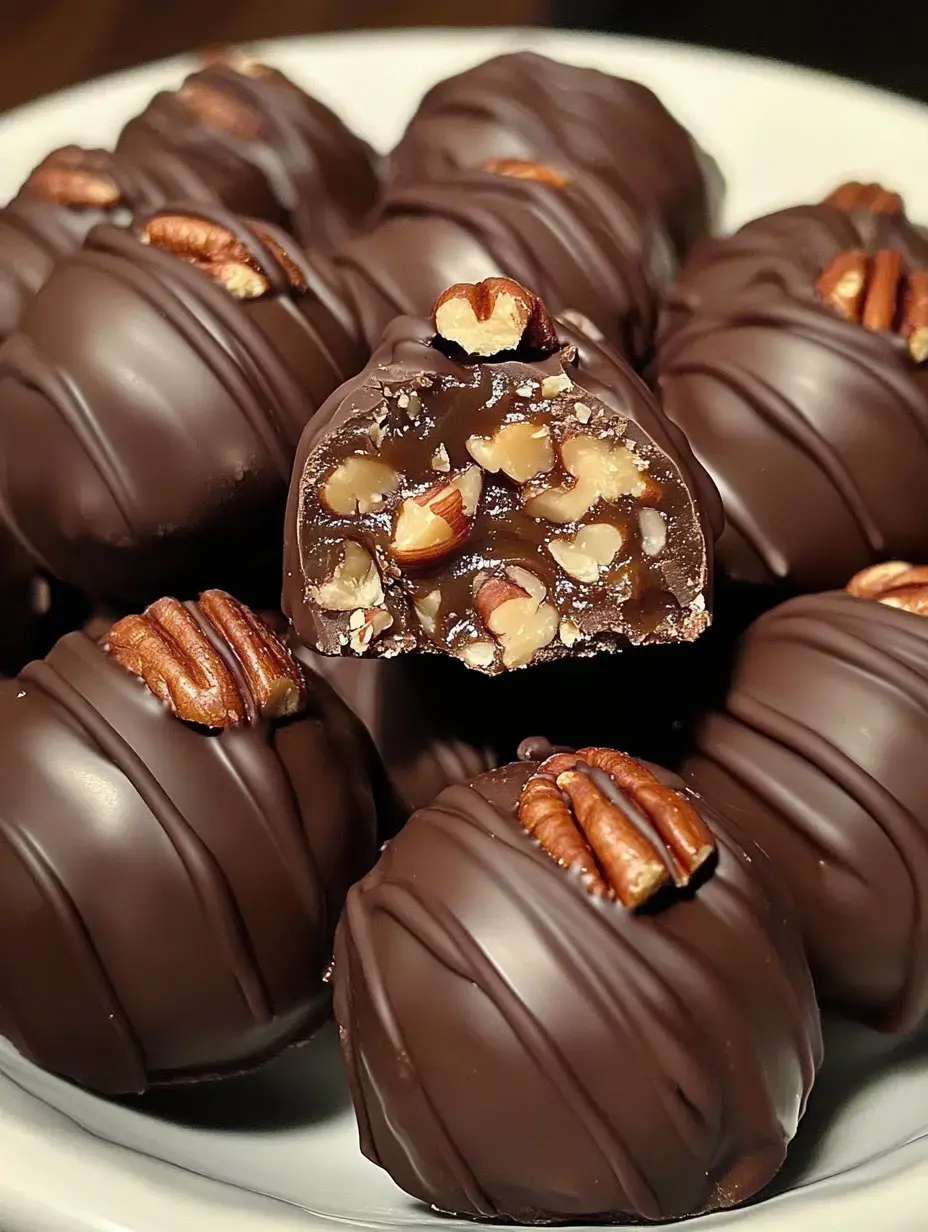 A plate of chocolate-covered candy with a walnut filling, one piece cut in half to show the interior.