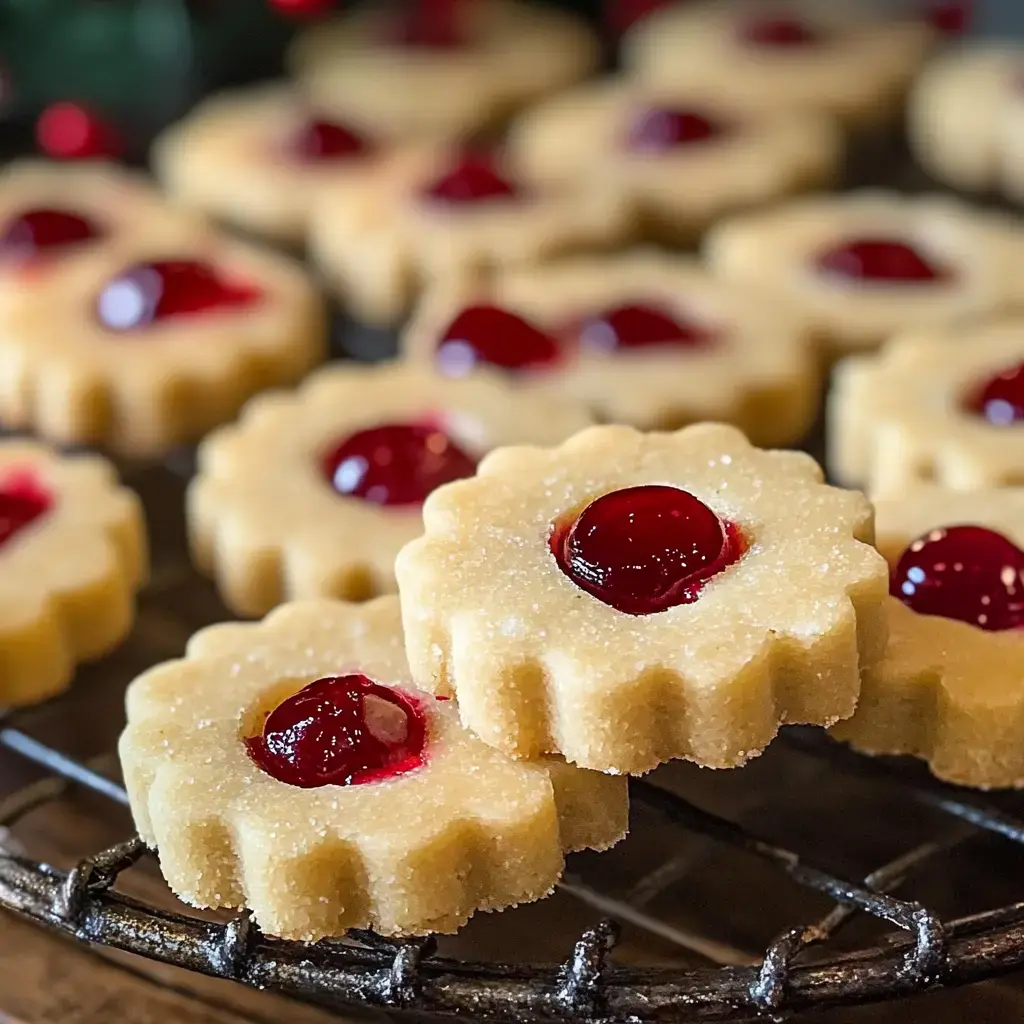 A close-up of a wire rack filled with flower-shaped cookies topped with glossy red cherry preserves.