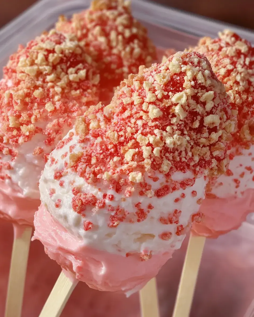 Three ice cream pops coated in pink frosting and topped with crunchy red and white sprinkles on wooden sticks.