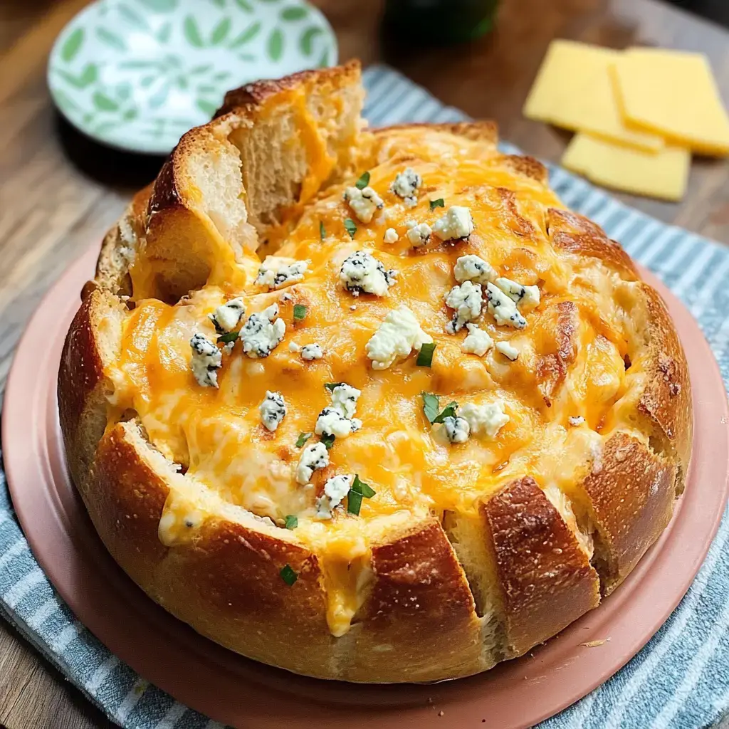 A bread bowl filled with melted cheeses and topped with crumbled blue cheese and herbs, placed on a plate.