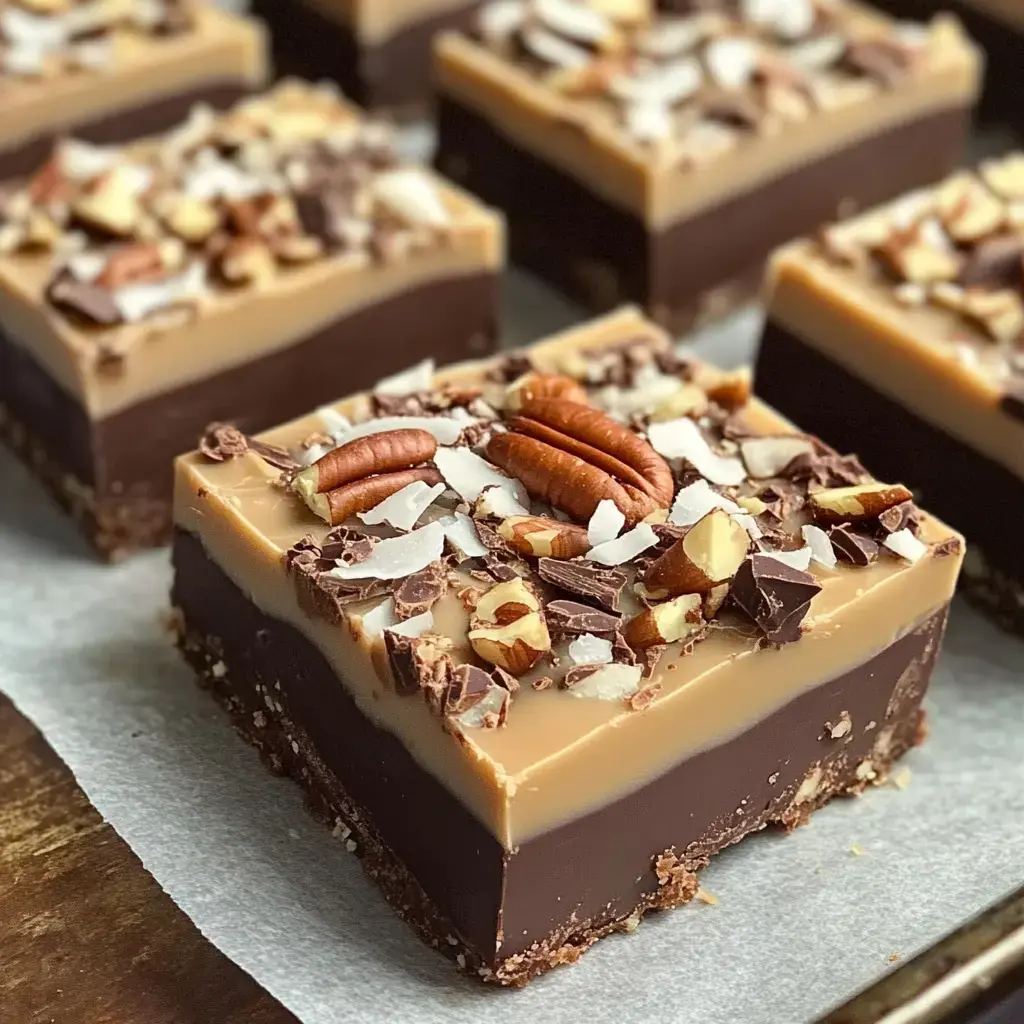 A close-up of layered chocolate dessert squares topped with chopped nuts, coconut flakes, and chocolate pieces.