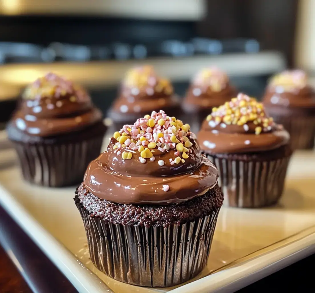 A close-up of chocolate cupcakes topped with glossy frosting and colorful sprinkles on a white platter.