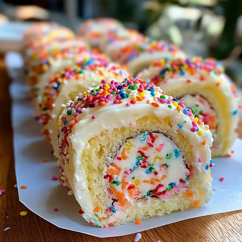 A close-up view of a colorful, spiral cake roll filled with cream and sprinkled with vibrant confetti sprinkles.