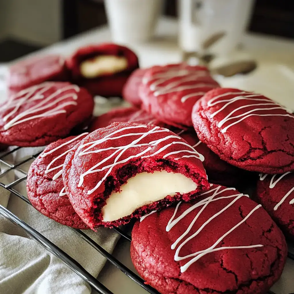 A tray of red velvet cookies with cream filling, some drizzled with white frosting, showcasing one with a bite taken out.