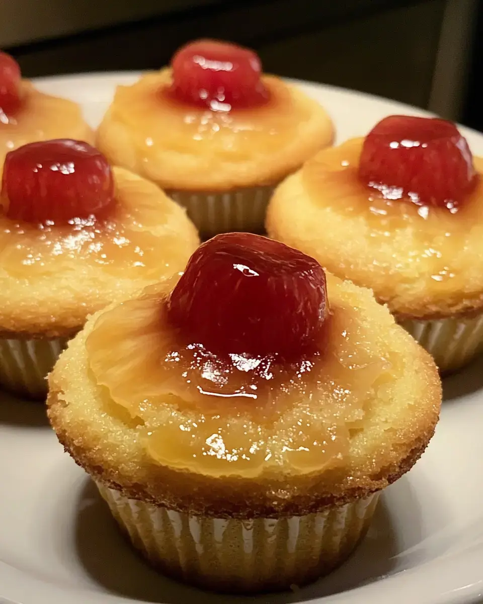 A close-up of golden cupcakes topped with glazed pineapple slices and bright red cherries.