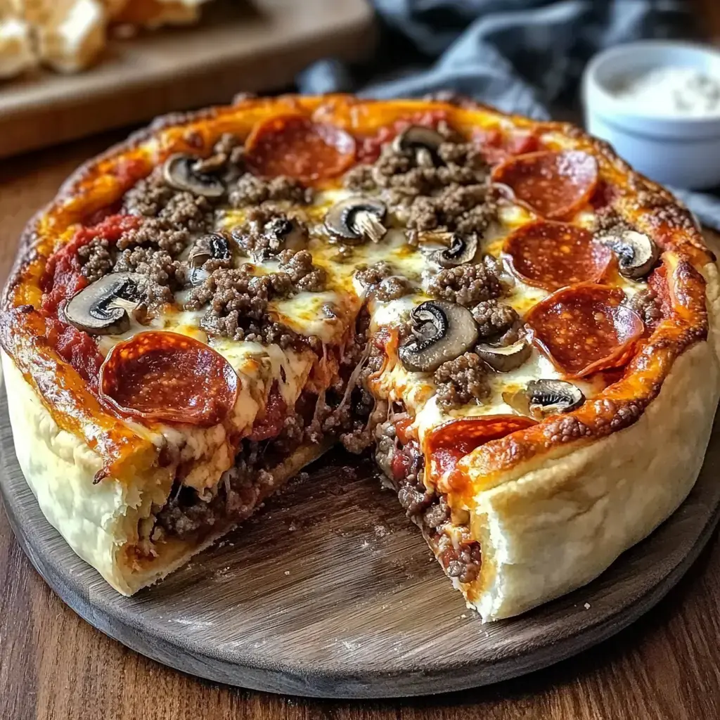 A delicious deep-dish pizza topped with pepperoni, ground beef, mushrooms, and melted cheese, with a slice removed, served on a wooden platter.